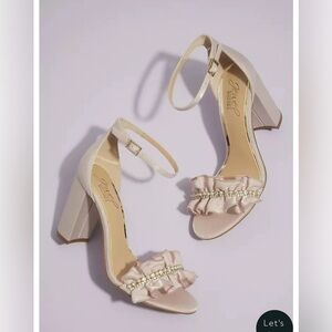 JEWEL BADGLEY MISCHKA
Block Heel Ruffle Sandal with Ankle Strap